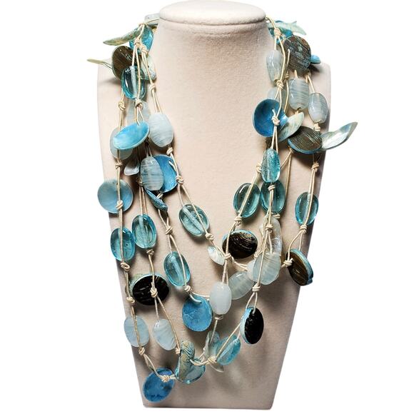 Blue Glass Bead Shell Multi Strand Necklace Extra Long 32" Beachy - Picture 3 of 7